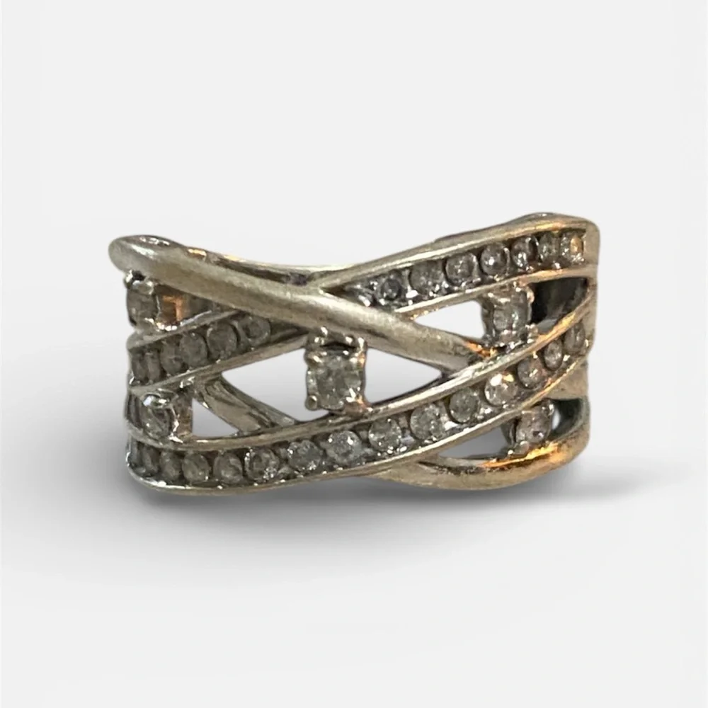 1/2 CTTW Genuine Natural Diamond Crisscross Multi Row Band 925 Sterling Silver